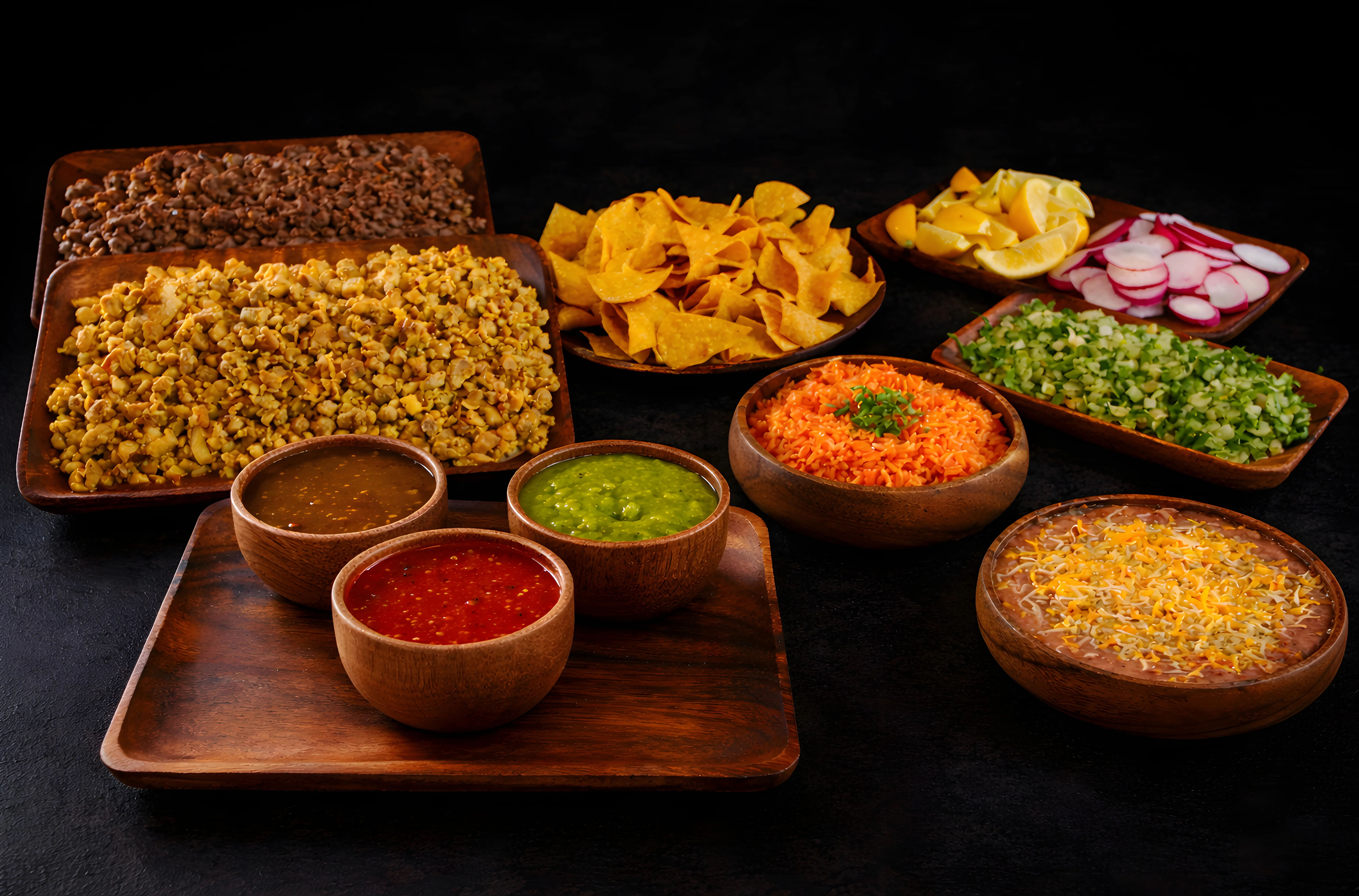 Colorful Mexican snack platter with popcorn, chips, and salsas