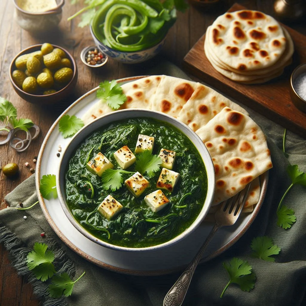 Bowl of Indian palak paneer with naan bread