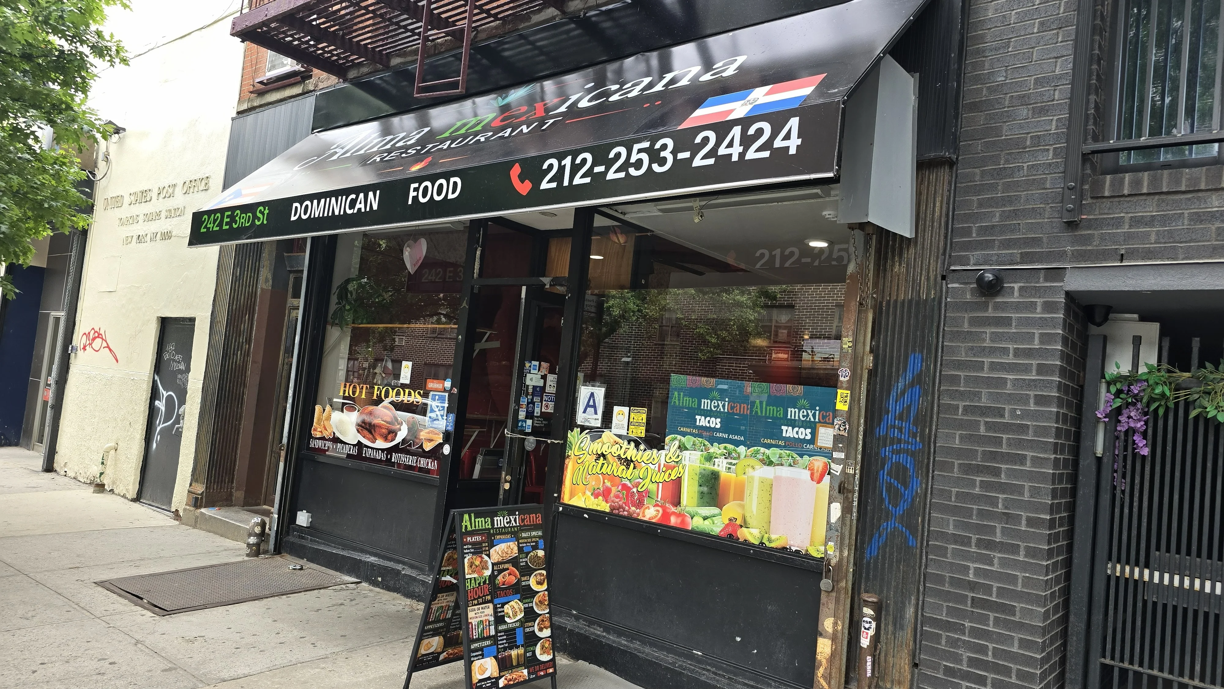 Dominican restaurant exterior with vibrant signage