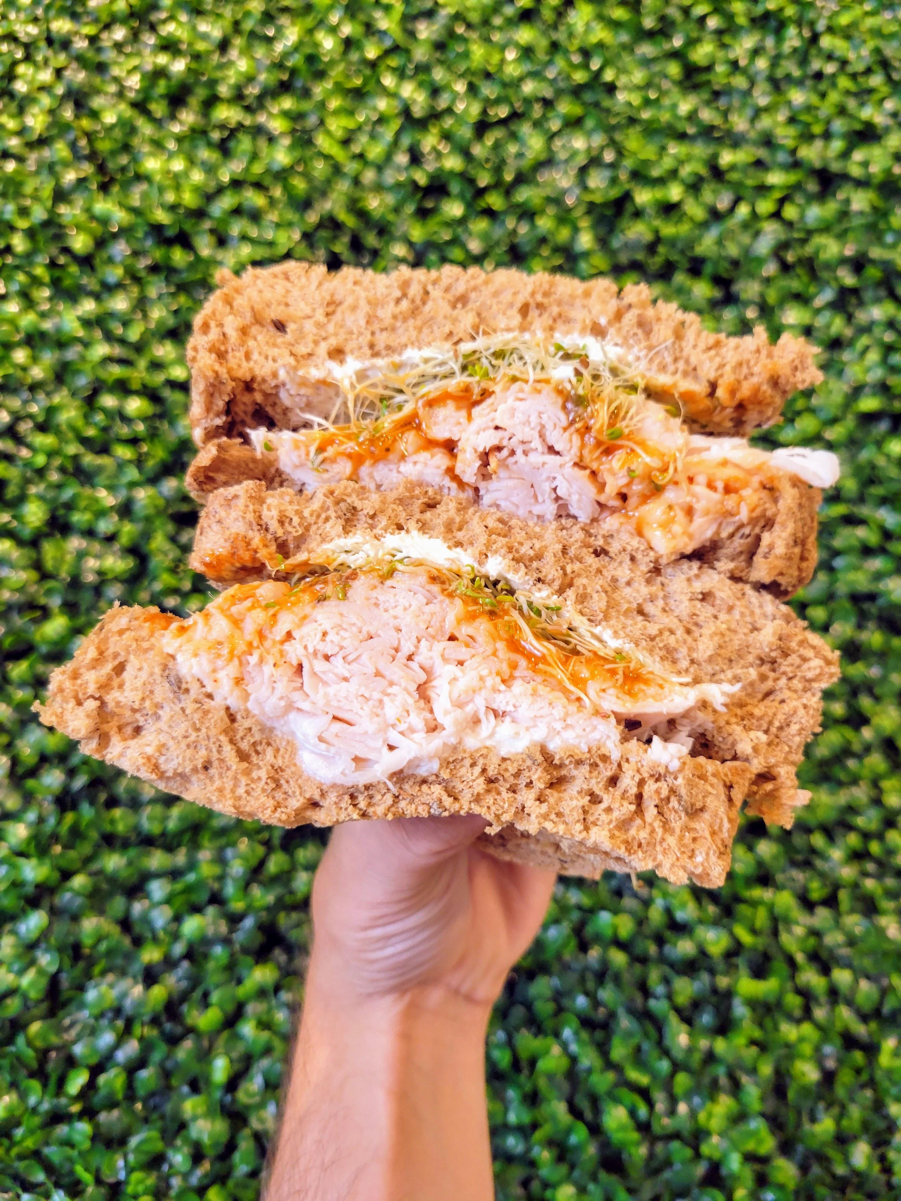 A hand holding two sandwiches stacked together, featuring brown bread with shredded chicken, sprouts, and sauce peeking out.