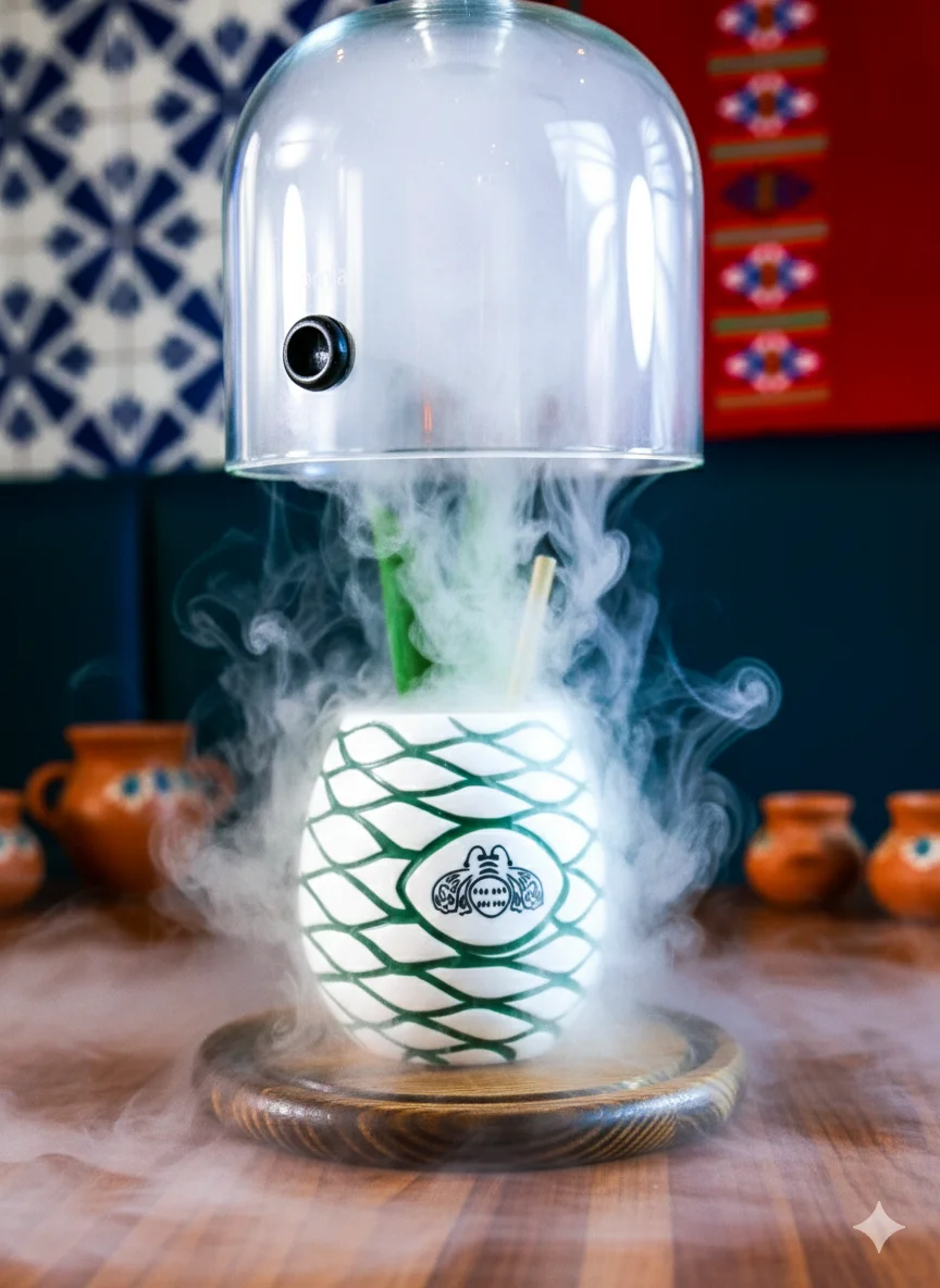 Smoky cocktail served in a decorative glass