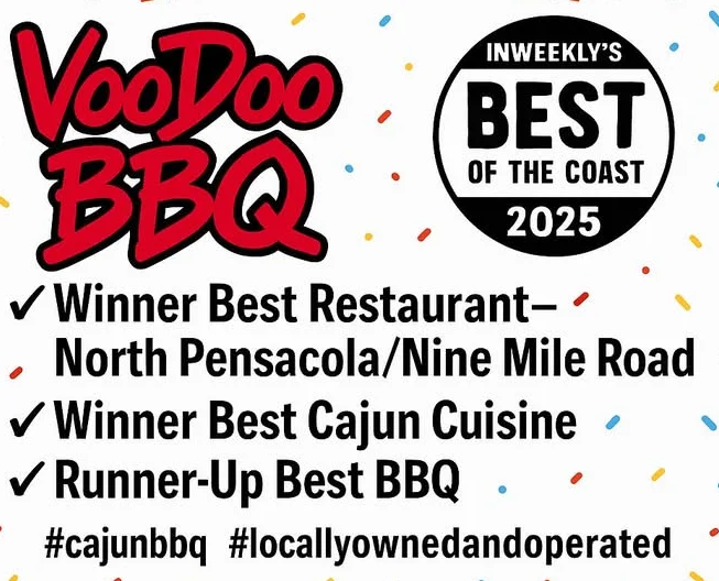 VooDoo BBQ award graphic showing Best of the Coast 2025 wins for Best Restaurant North Pensacola, Best Cajun Cuisine, and Runner-Up Best BBQ.