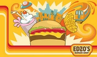 Colorful illustration of a burger shop with iconic elements