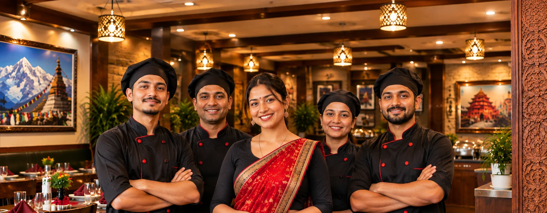 Indian restaurant team posing in traditional attire inside a warmly lit dining room