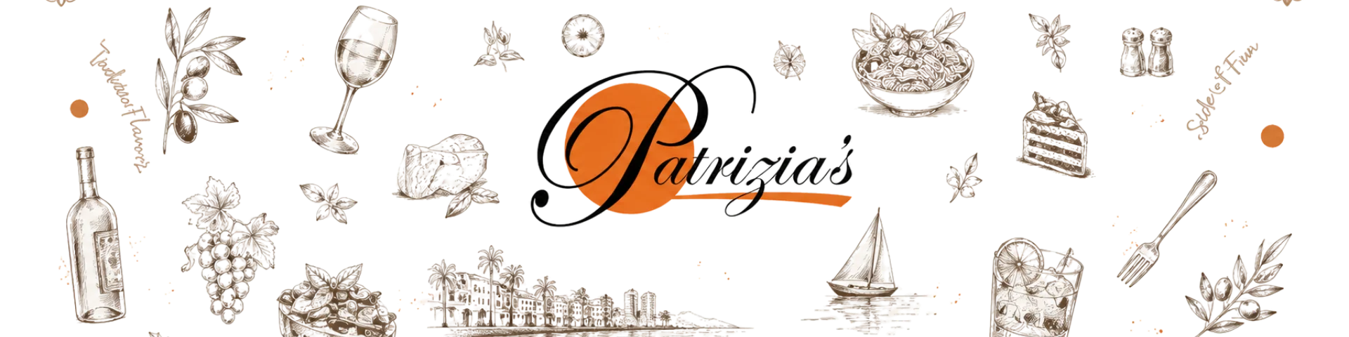 Artistic restaurant branding for Patrizia's with food and drink illustrations