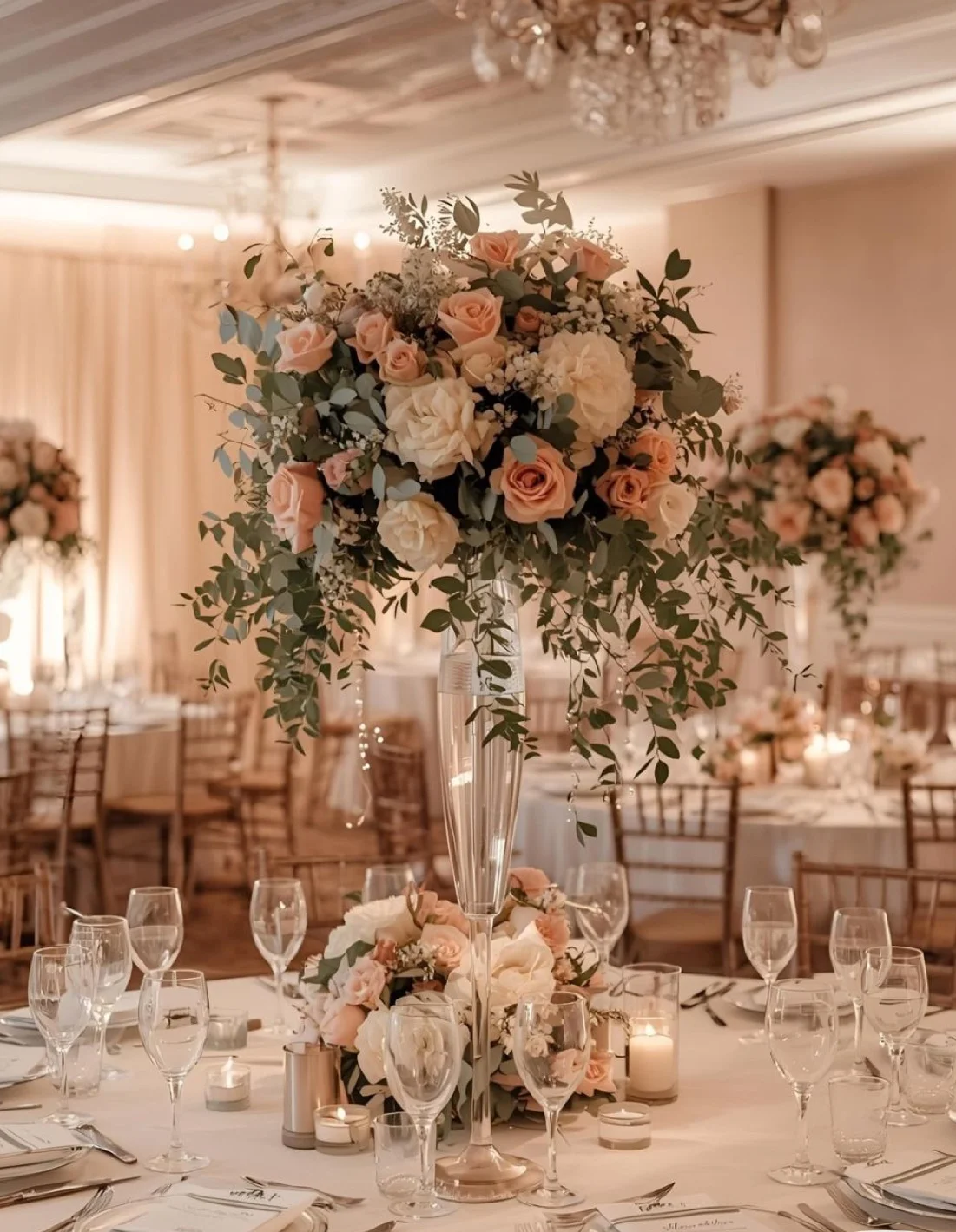 An elegantly arranged dining table with tall floral centerpieces in soft peach and white tones.