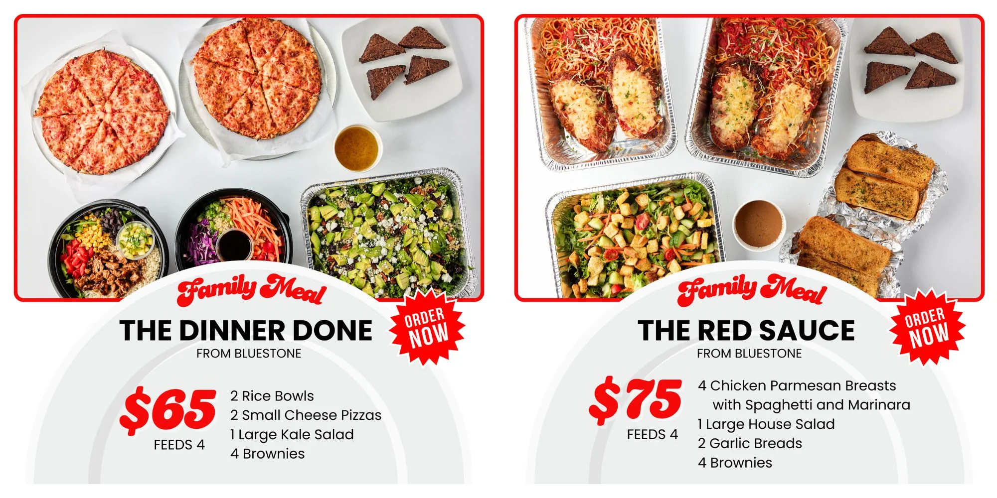 Family meal featuring pizza and chicken parmesan with sides