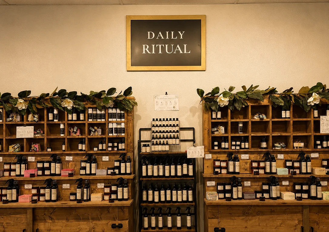 Shelves of handcrafted Magnolia Ritual bath and body products displayed in the Daily Ritual collection inside the Magnolia Ritual Texas apothecary.