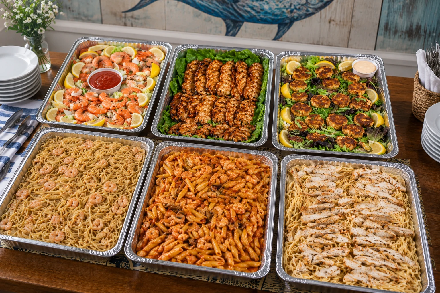 Assorted seafood and pasta platters for a festive gathering