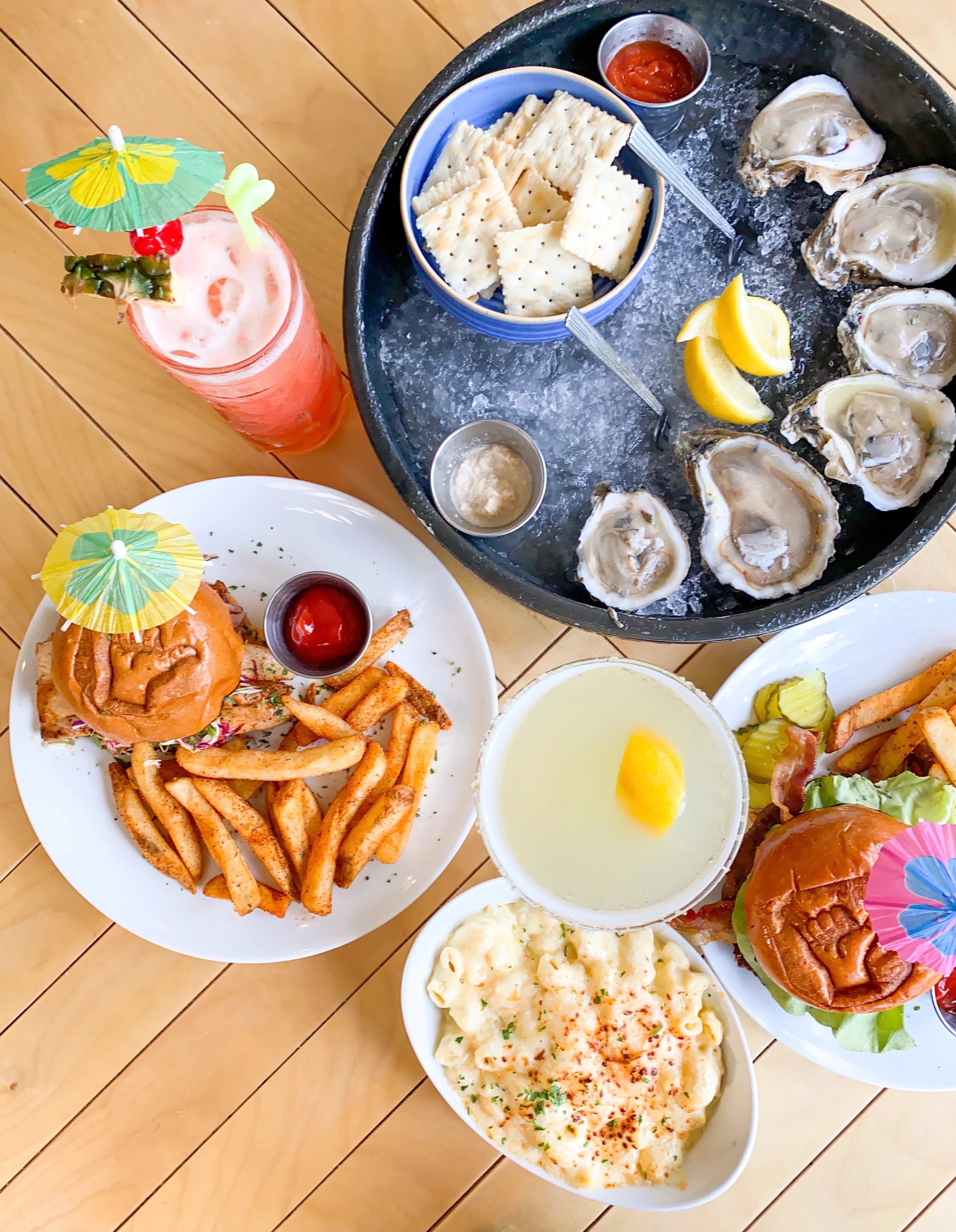 Seafood platter with oysters and tropical cocktails
