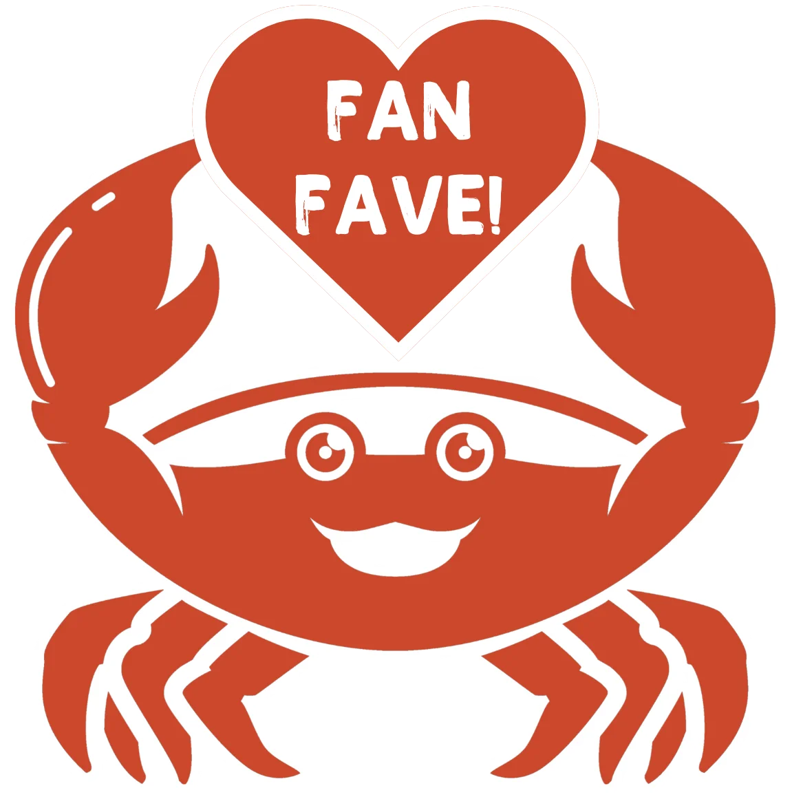 Cartoon crab character with a heart saying 'Fan Fave!'