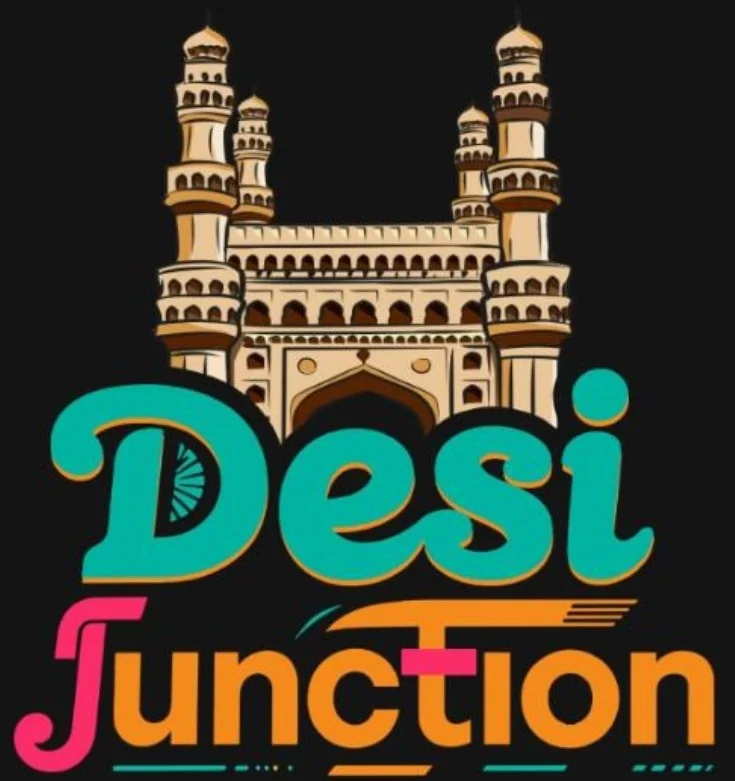 A stylized graphic featuring an iconic architectural structure in the background with vibrant, colorful text that says 'Desi Junction' in various fonts.