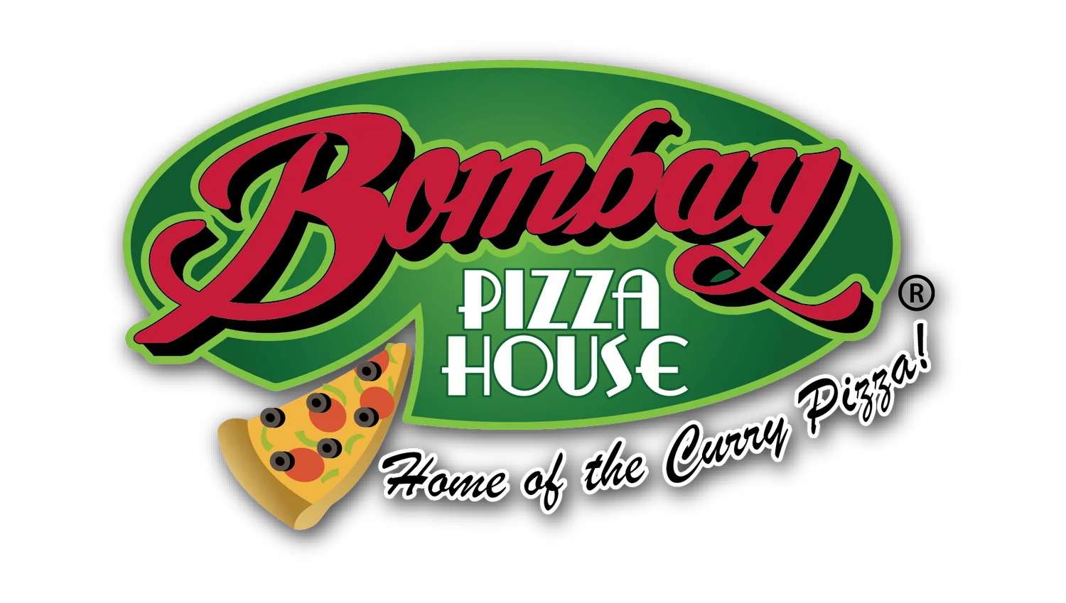 A logo for Bombay Pizza House, featuring a colorful design with the text 'Home of the Curry Pizza!'