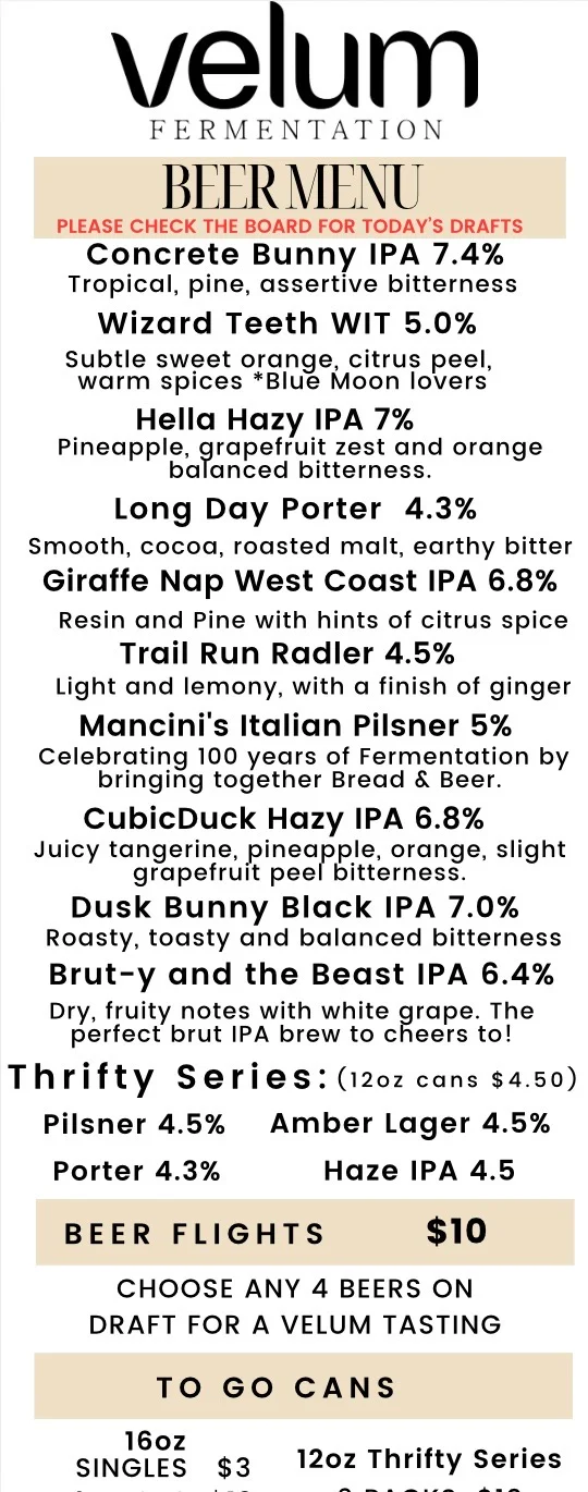 Craft beer menu featuring diverse styles and flavors