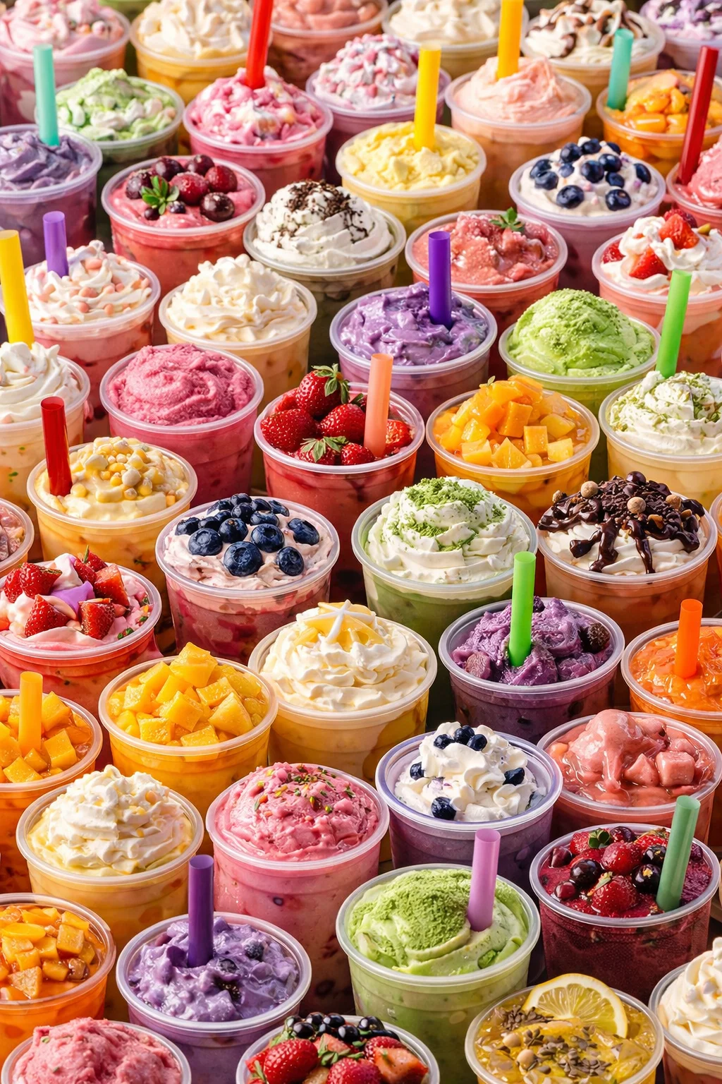 Colorful assortment of ice cream cups with toppings