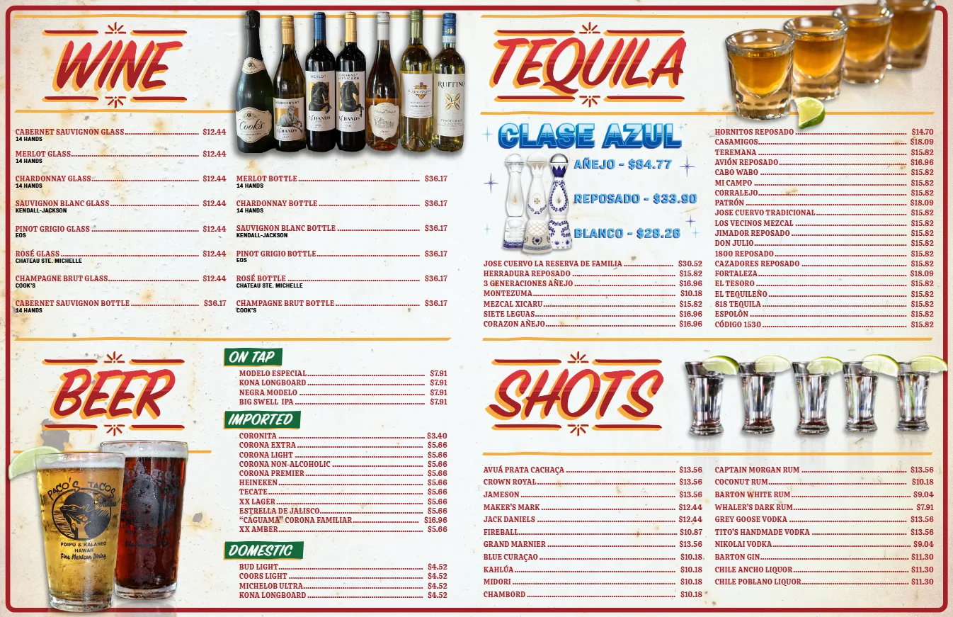 Drink menu featuring wine, tequila, beer, and shots