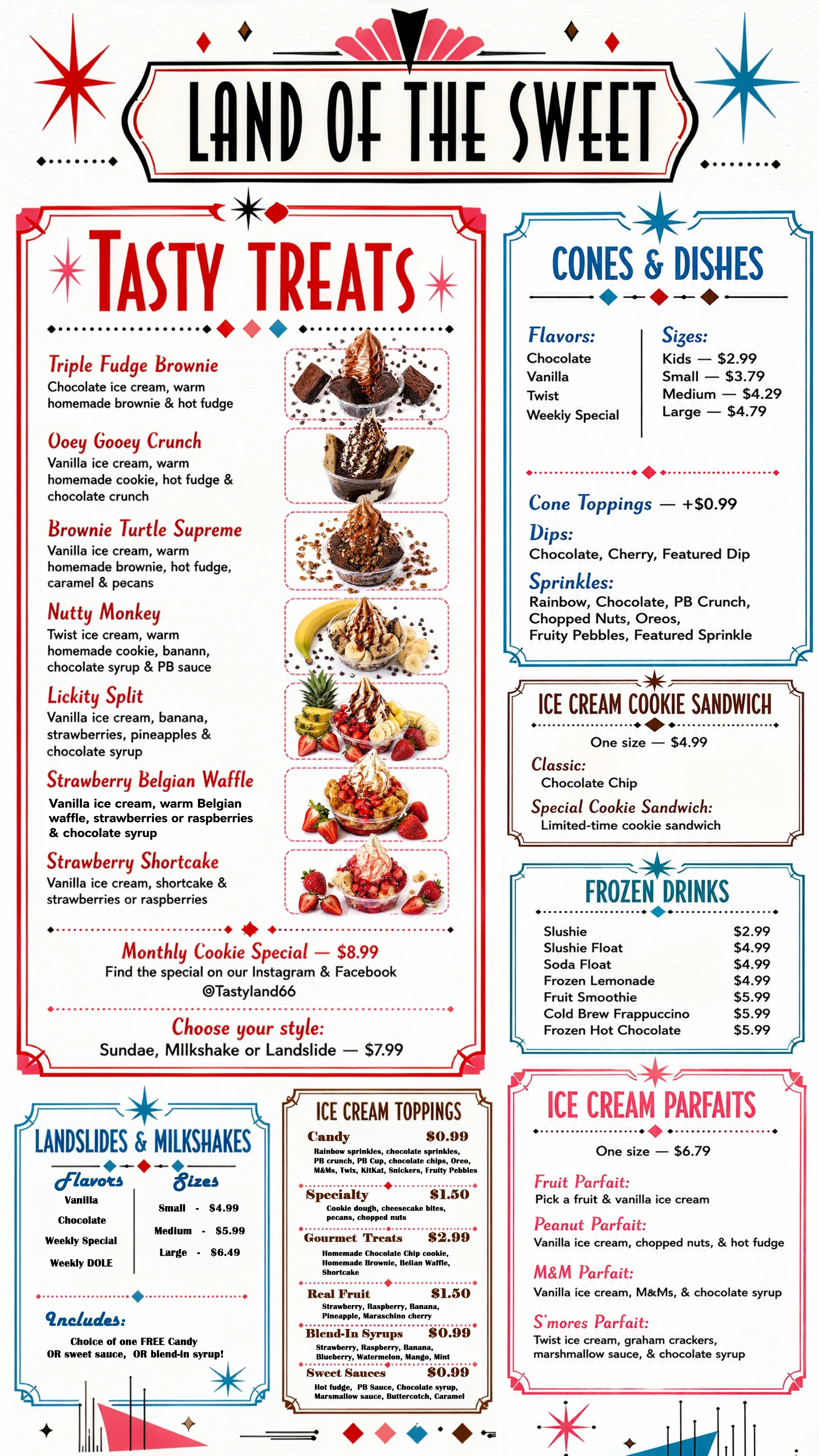 Dessert menu featuring ice cream treats and sundaes
