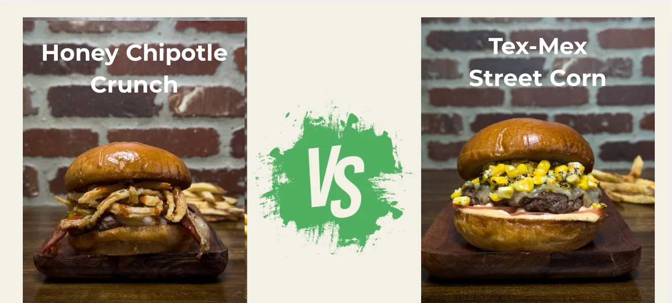 Two gourmet burgers: Ranchero Heatwave and Tex-Mex Street Corn