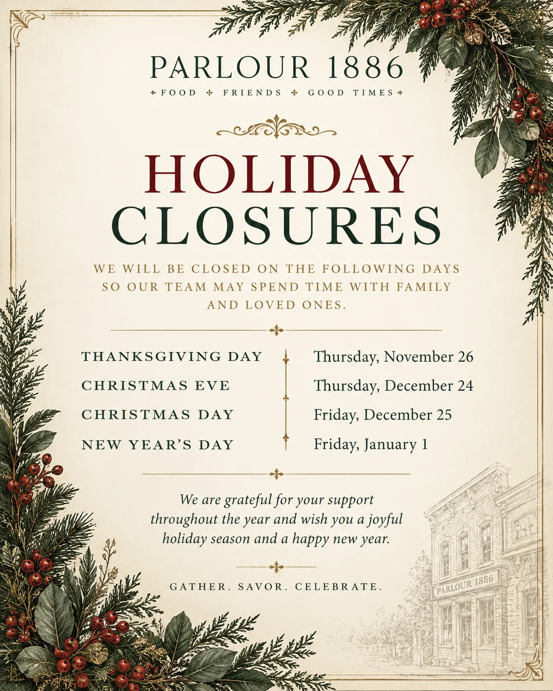 Holiday closure announcement for Parlour 1886 restaurant with festive decorations