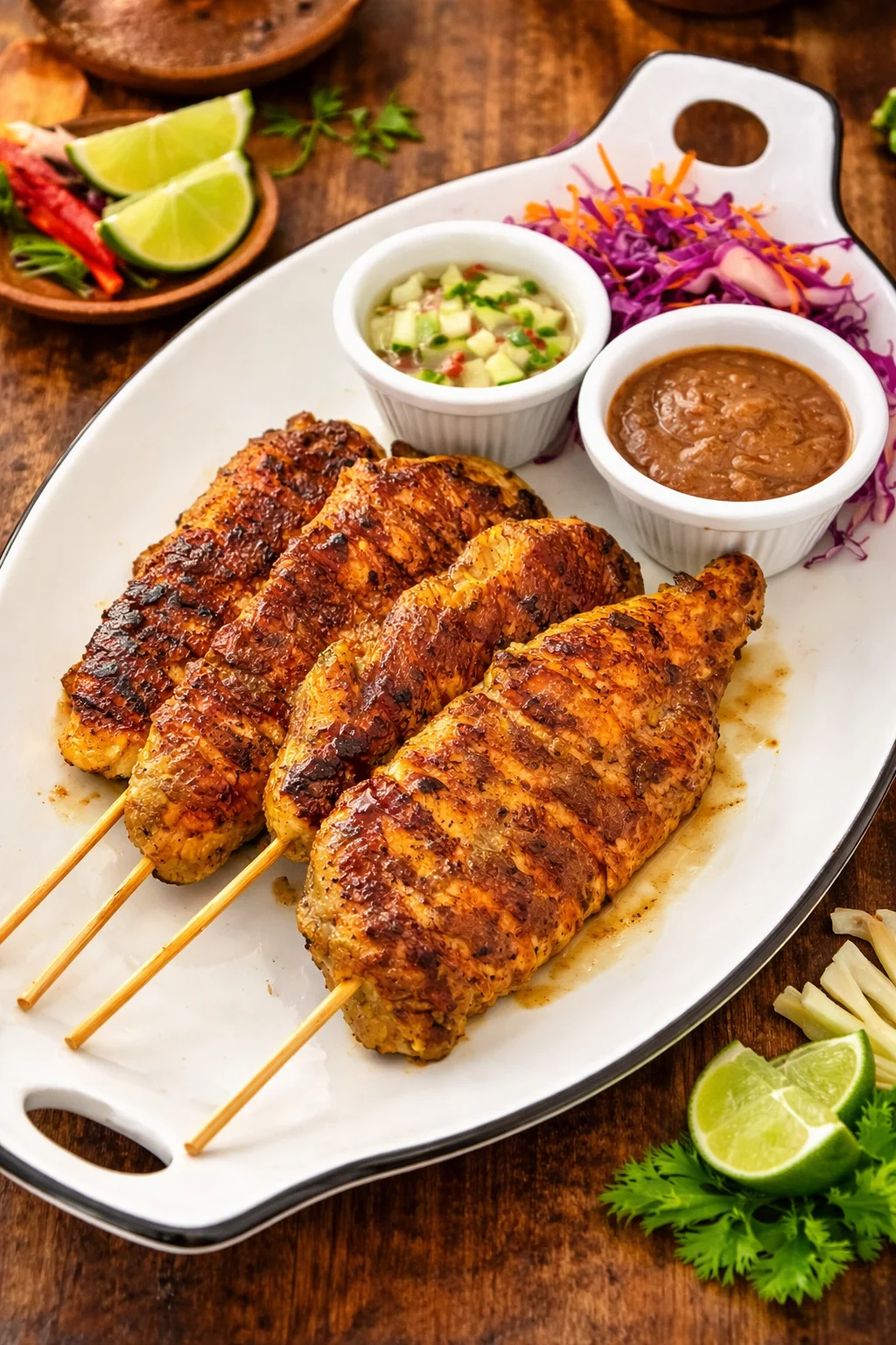 Grilled Thai chicken satay skewers with dipping sauces