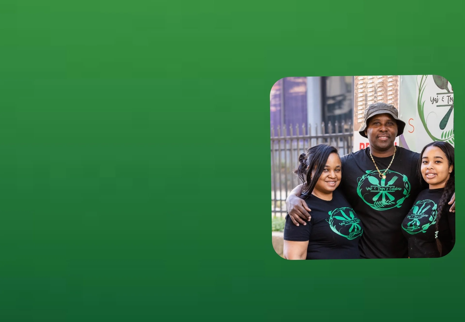 Family-owned restaurant team posing together in branded shirts