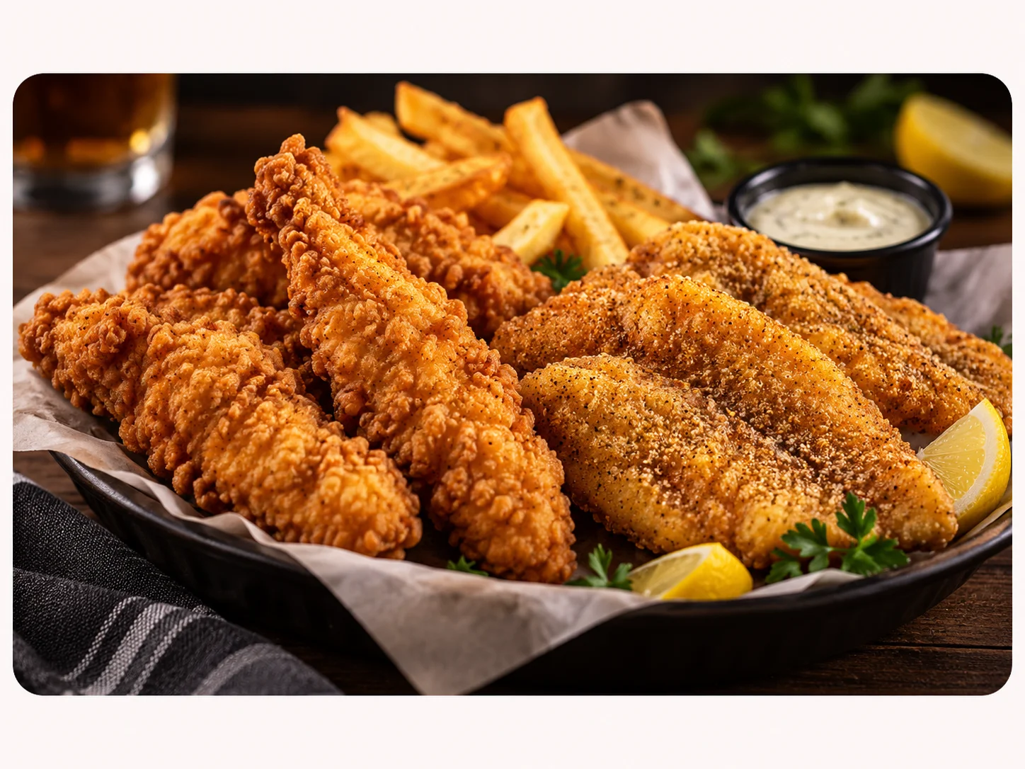 Crispy Southern fried catfish and chicken tenders with fries and dipping sauce
