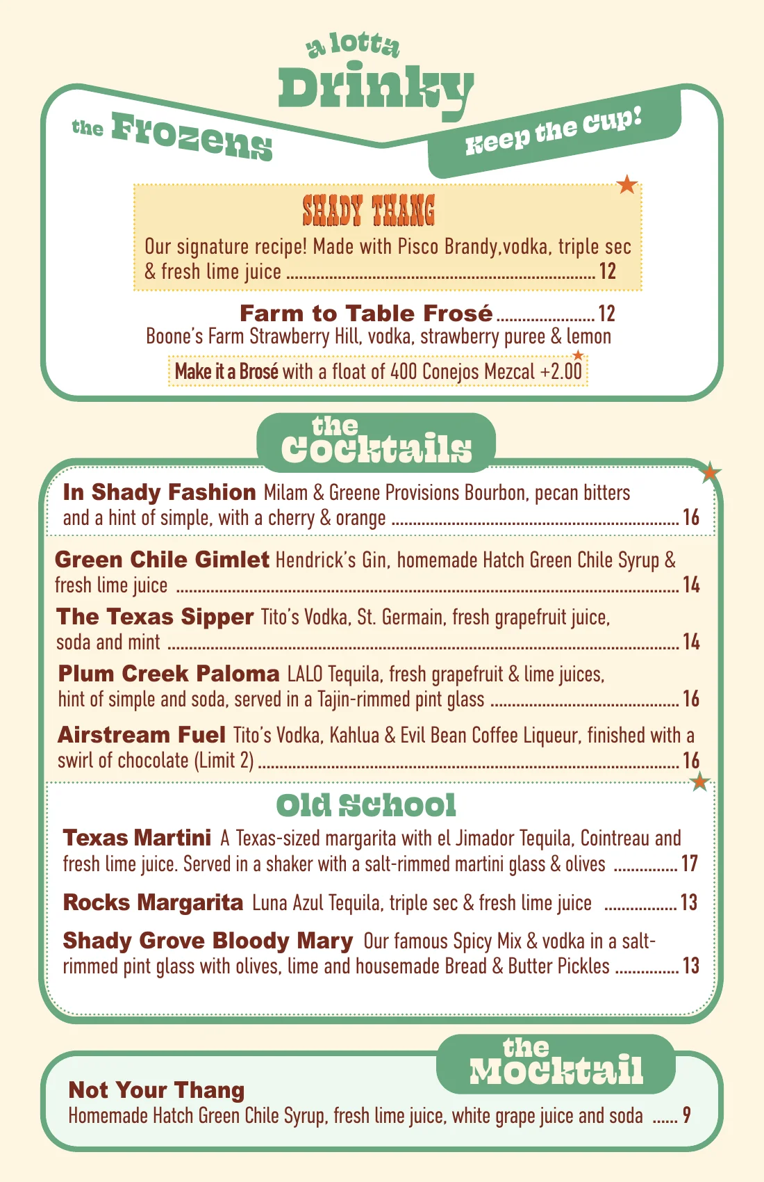 Cocktail menu featuring creative drinks and frozen options