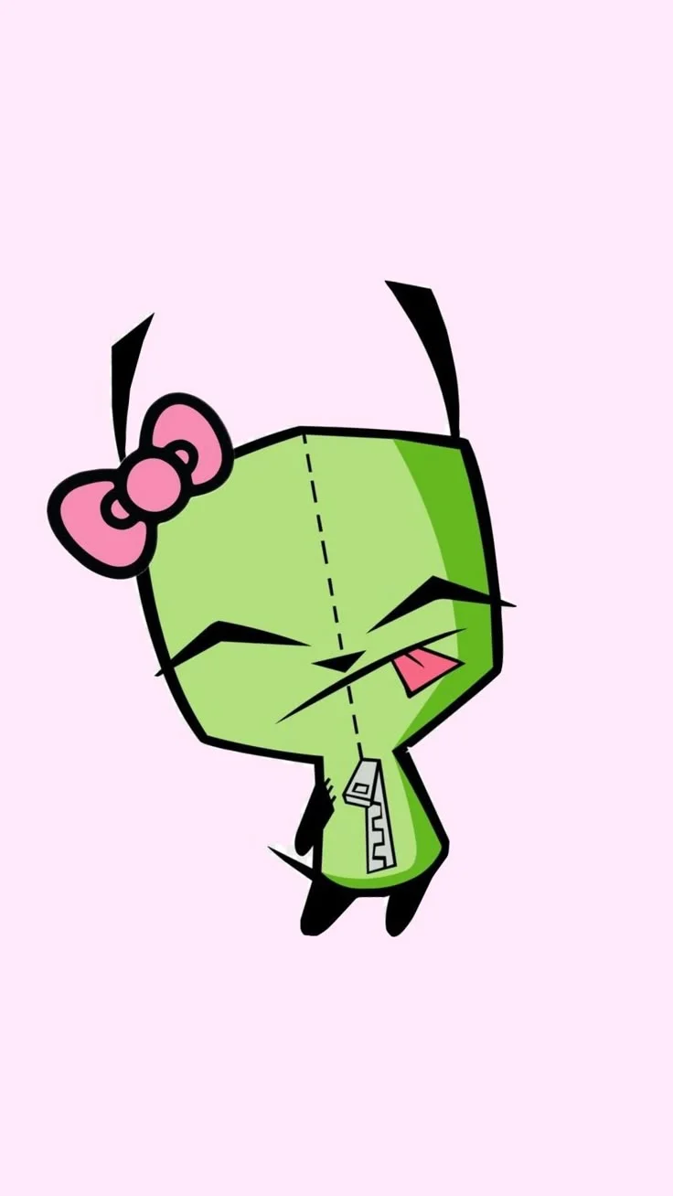 Cartoon character with a green body and pink bow on a pastel background