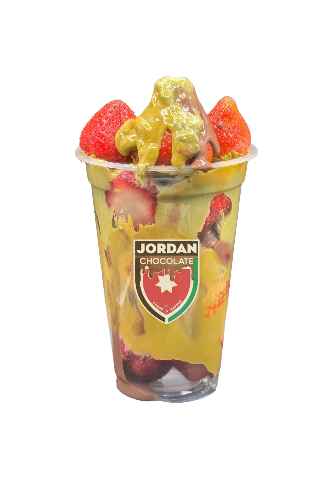 A dessert cup filled with strawberries and a creamy topping, drizzled with chocolate.