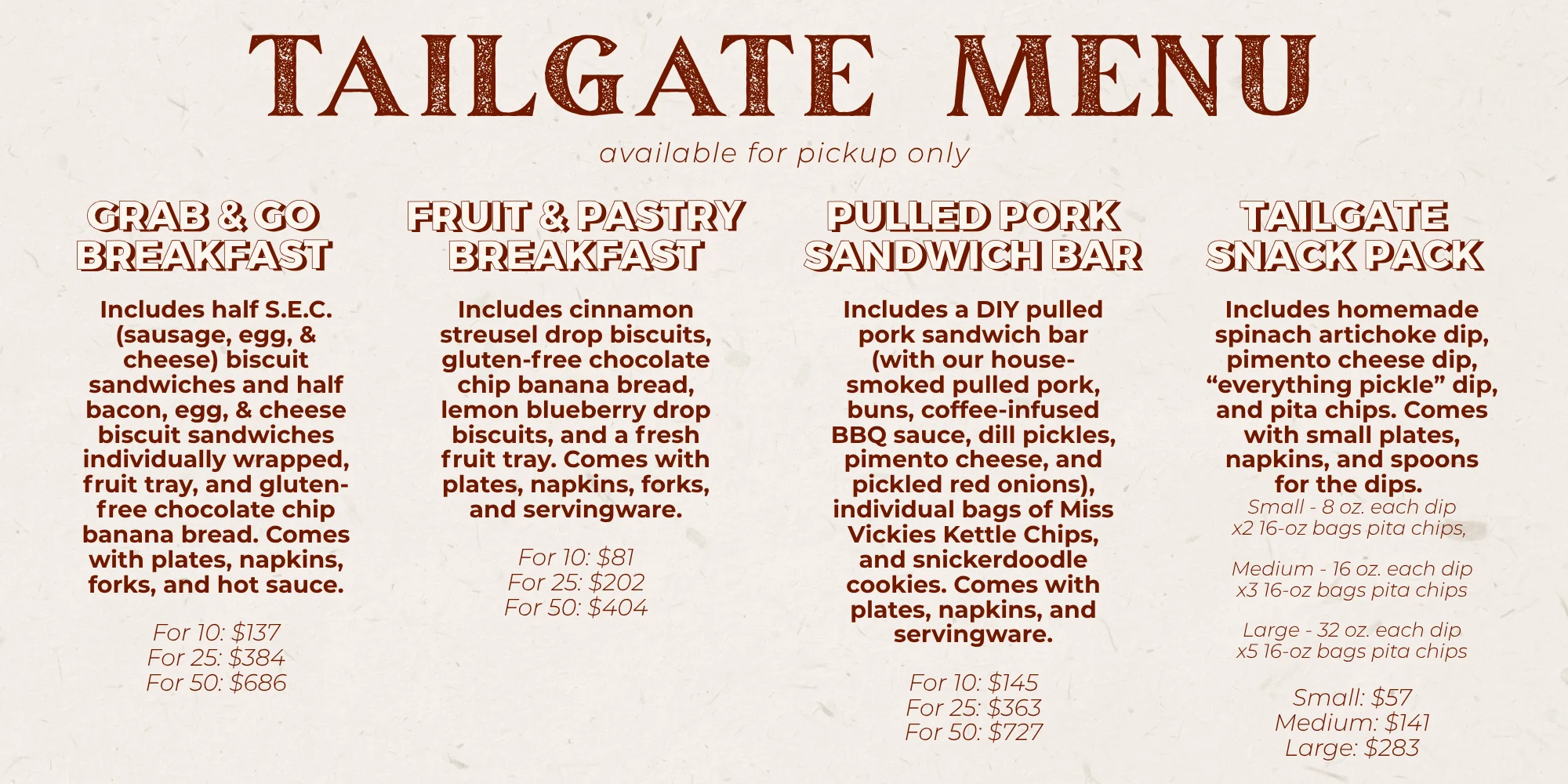Tailgate menu featuring breakfast and snack options for gatherings