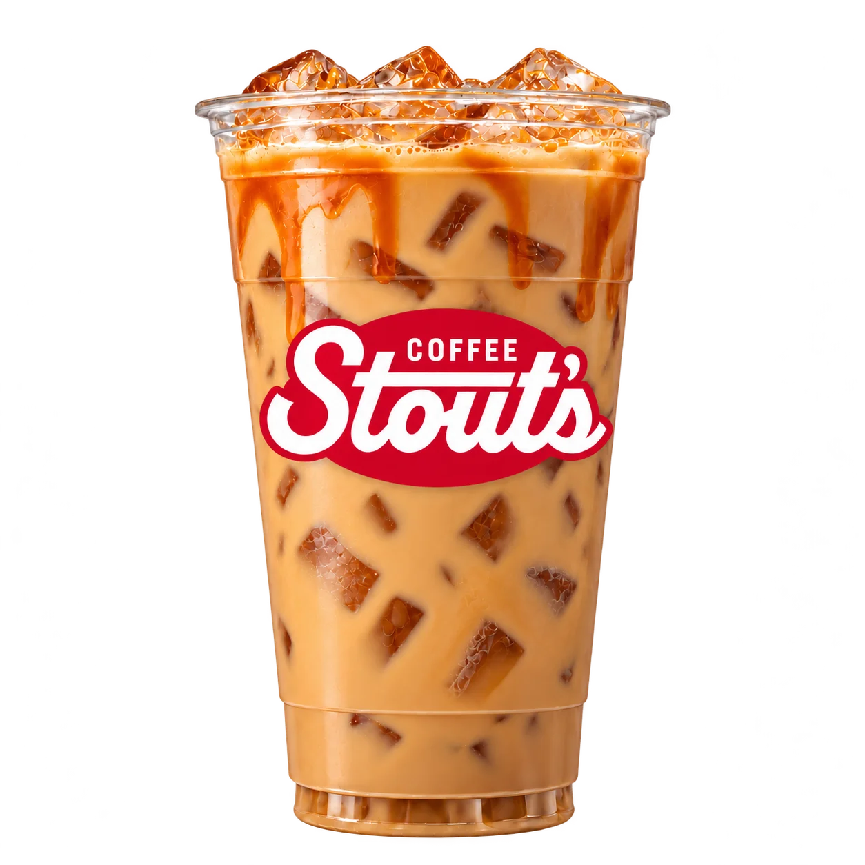 Caramel Upside Down Latte over ice in a Stout’s Coffee cup.