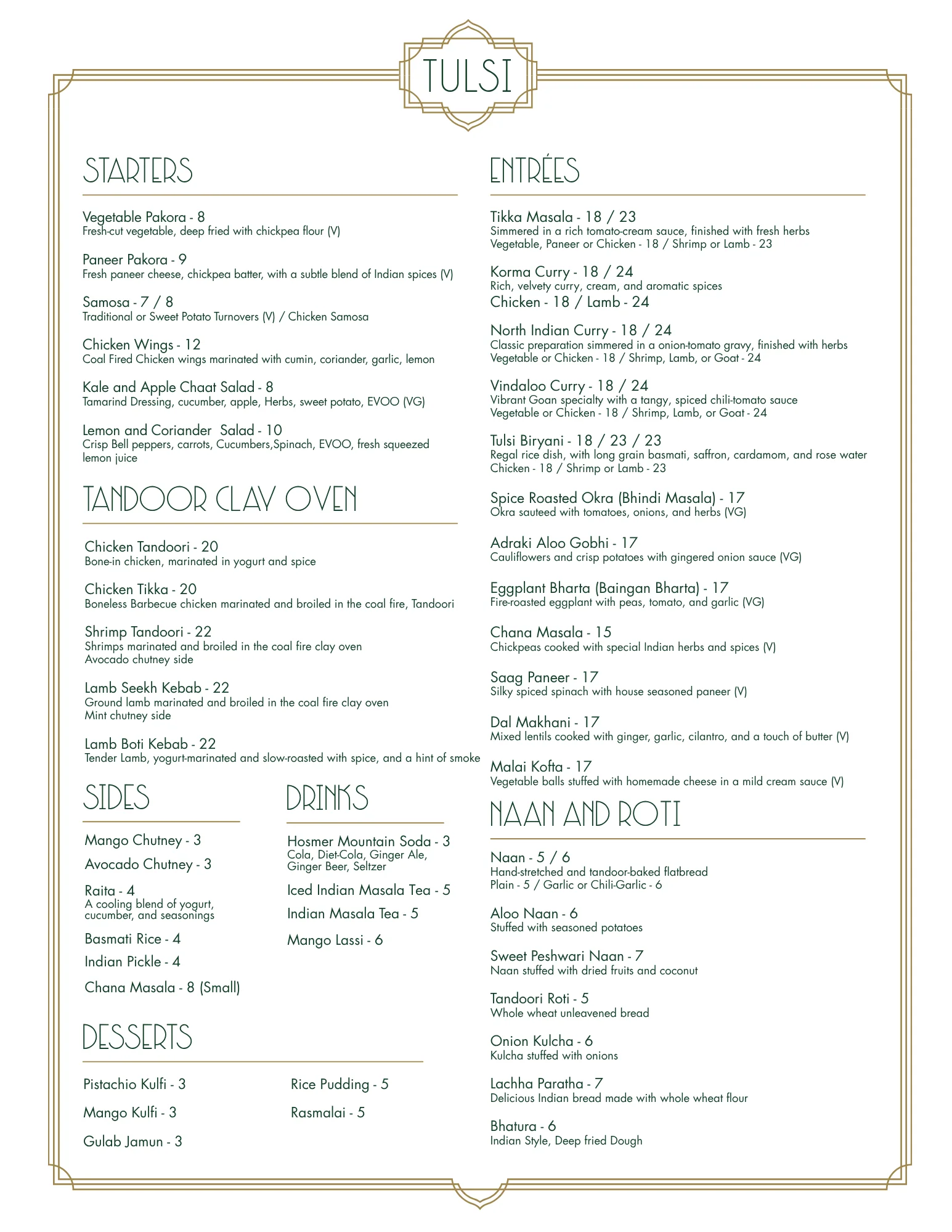 Indian restaurant menu featuring tandoori dishes, curries, naan, and desserts