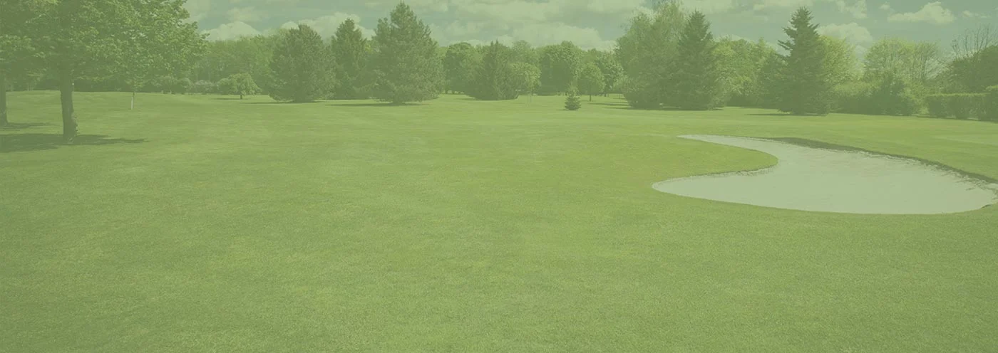 Lush green golf course with sand trap and trees