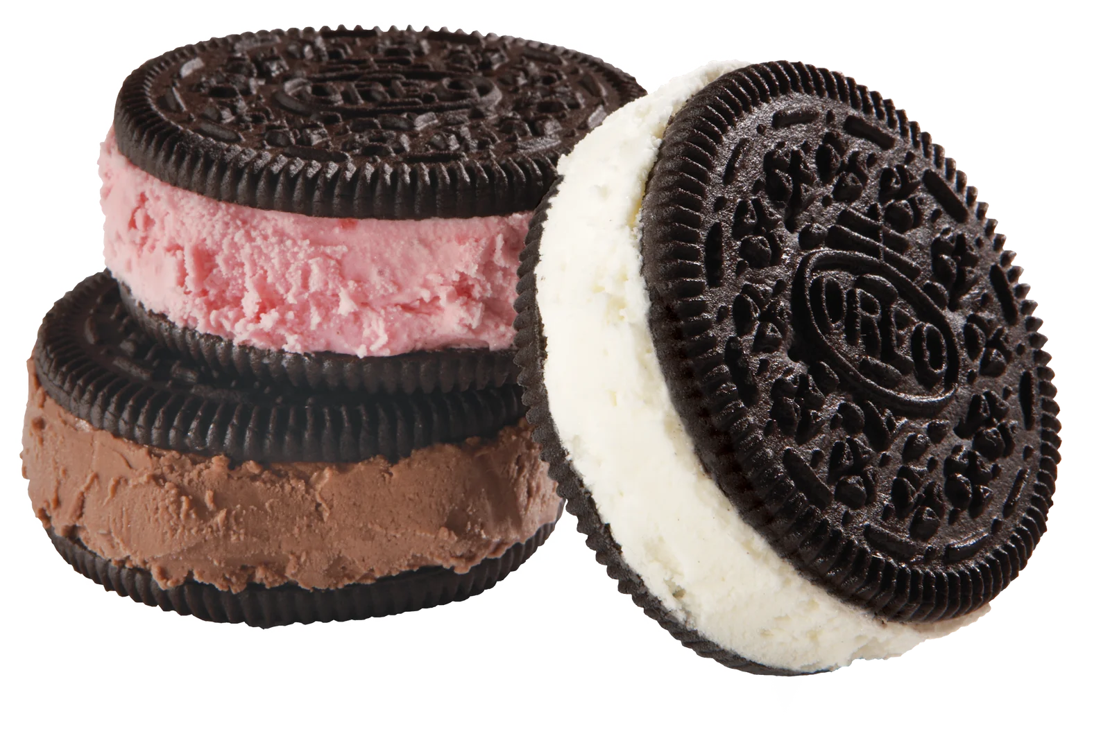 Oreo ice cream sandwiches with chocolate, vanilla, and strawberry flavors