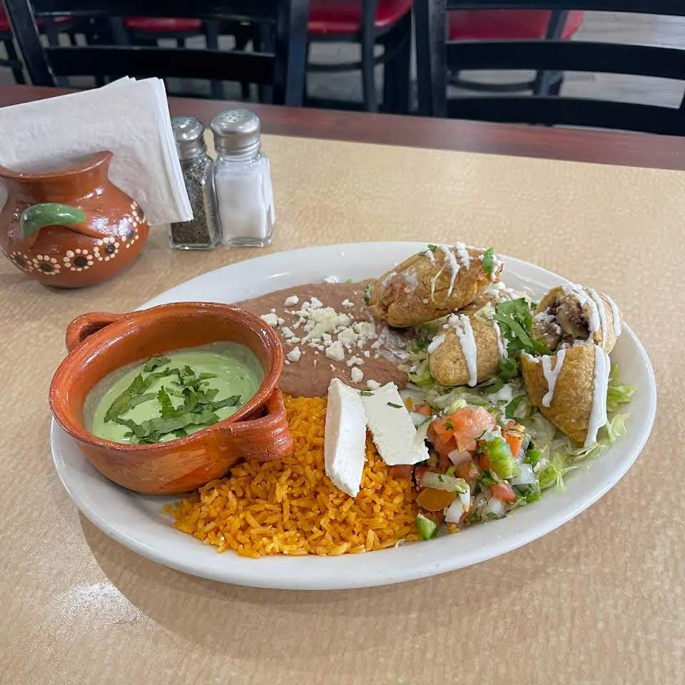 Plate of Mexican enchiladas with rice and beans