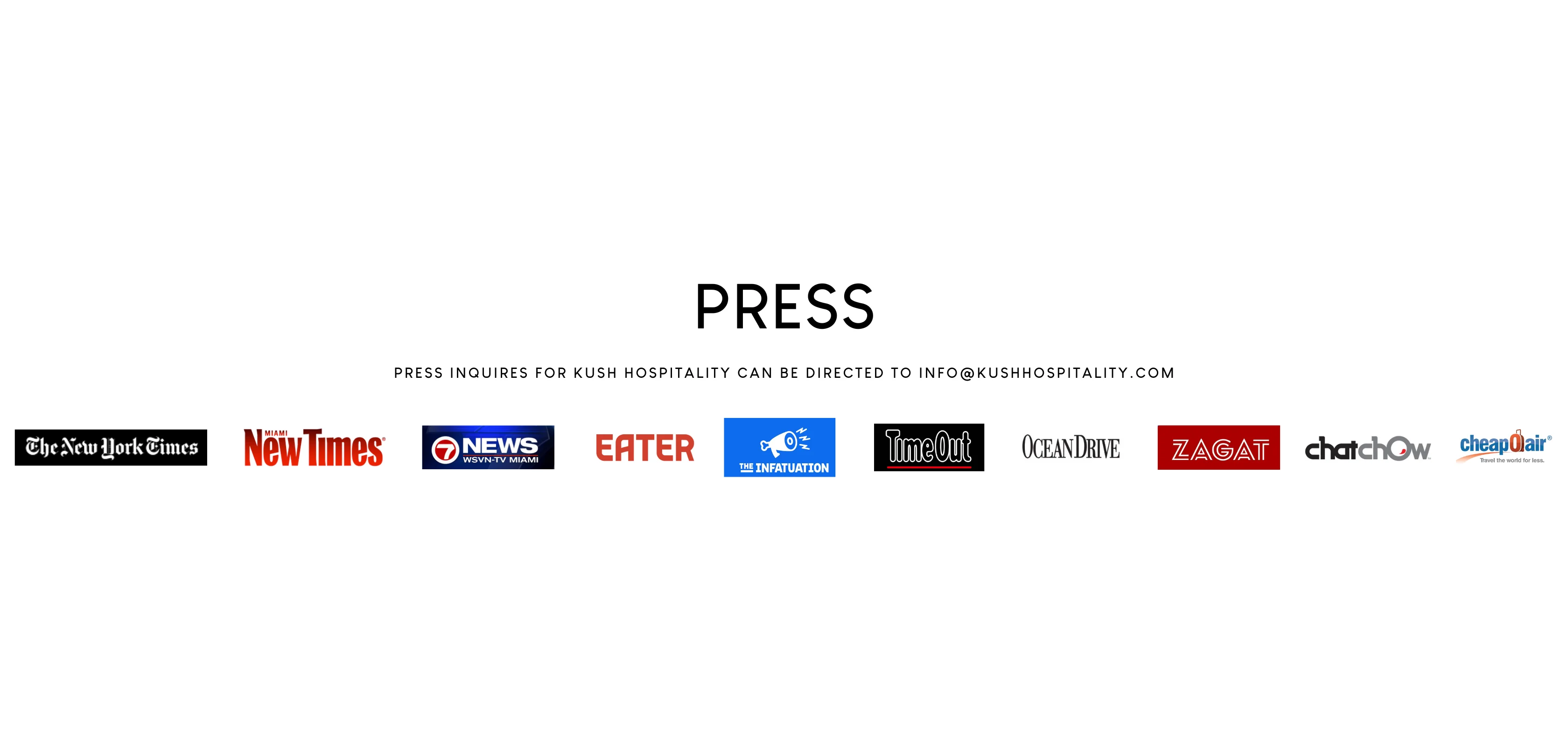 Press logos for Kush Hospitality media inquiries