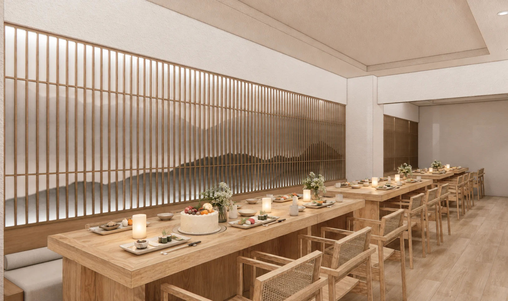 Elegant restaurant interior with wooden decor and table settings