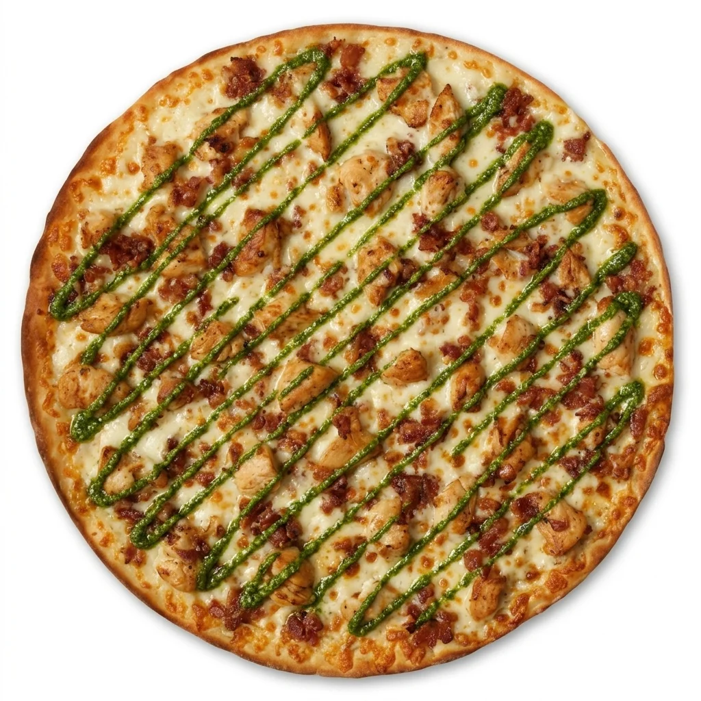 A pizza topped with chicken, bacon, and a green pesto drizzle over a creamy cheese base.
