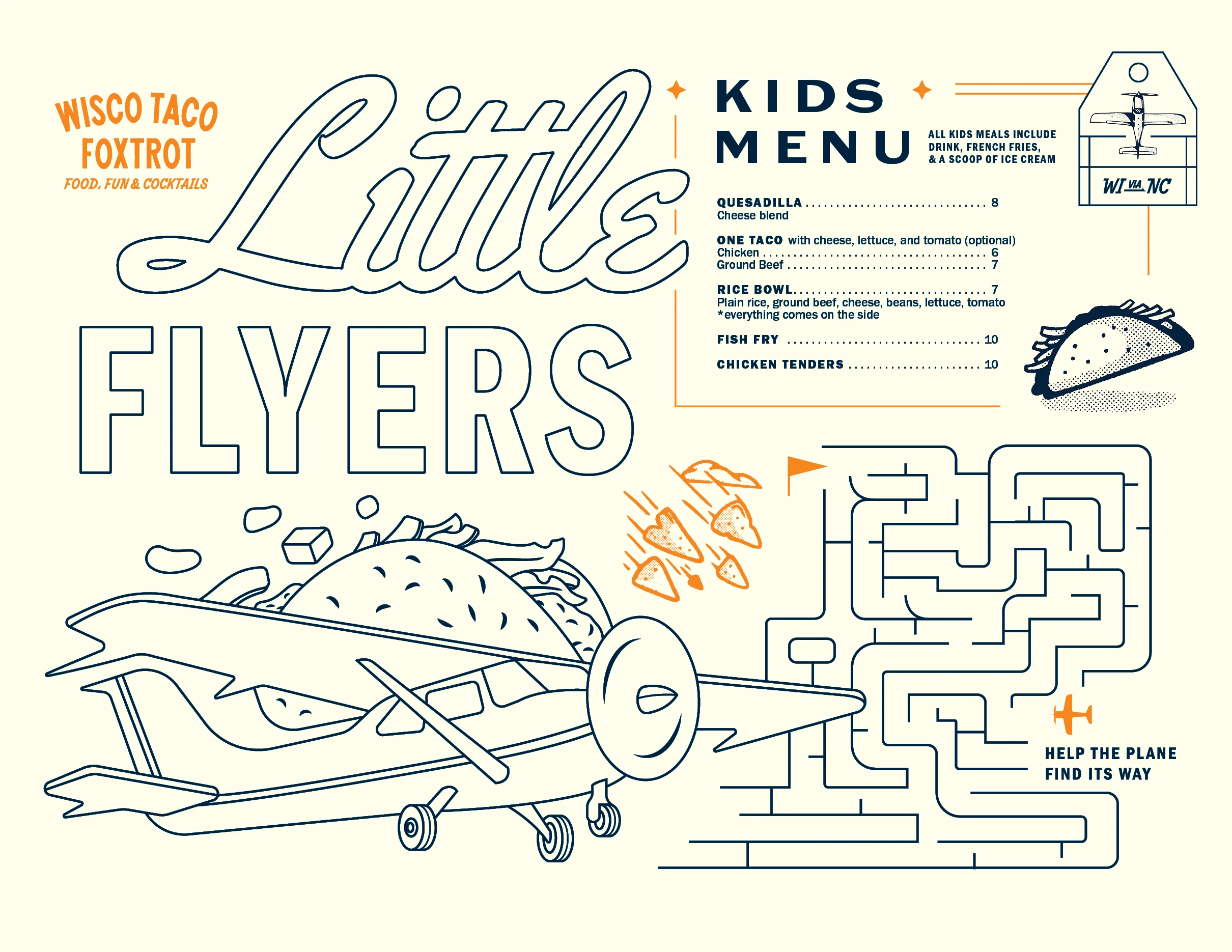 Kids menu featuring fun food options for children at a restaurant.