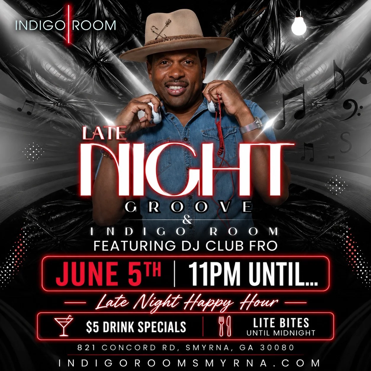 Promotional flyer for Late Night Groove event at Indigo Room