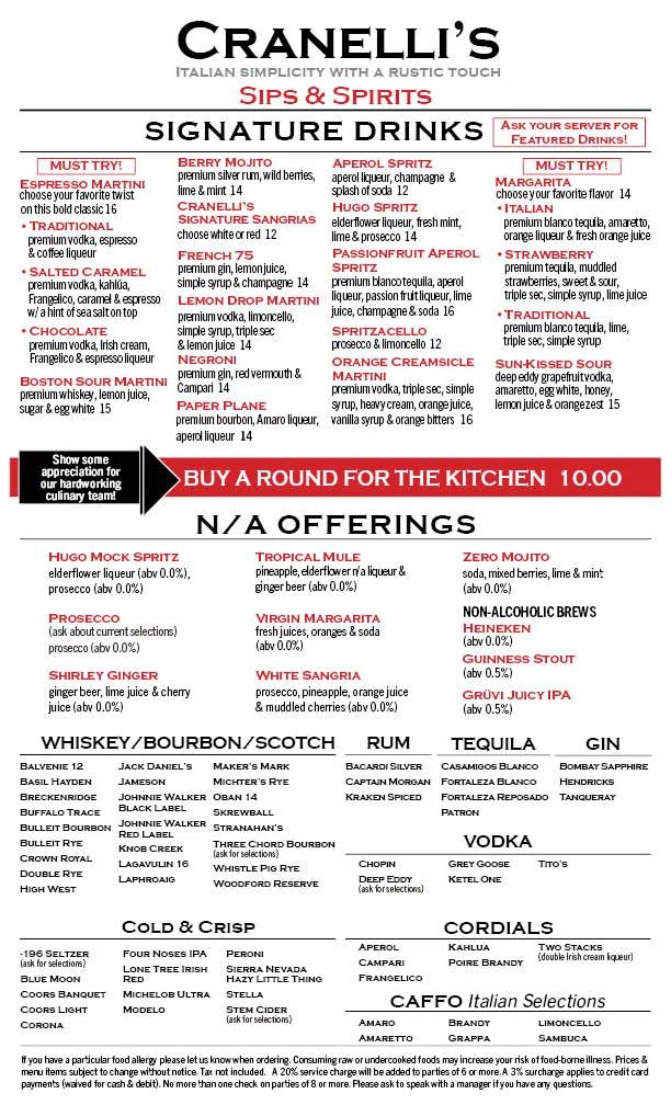 Cocktail menu featuring Italian drinks and signature cocktails