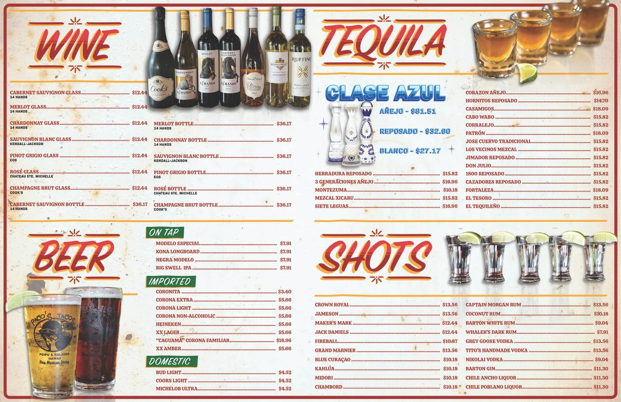 Extensive drink menu featuring wine, tequila, beer, and shots
