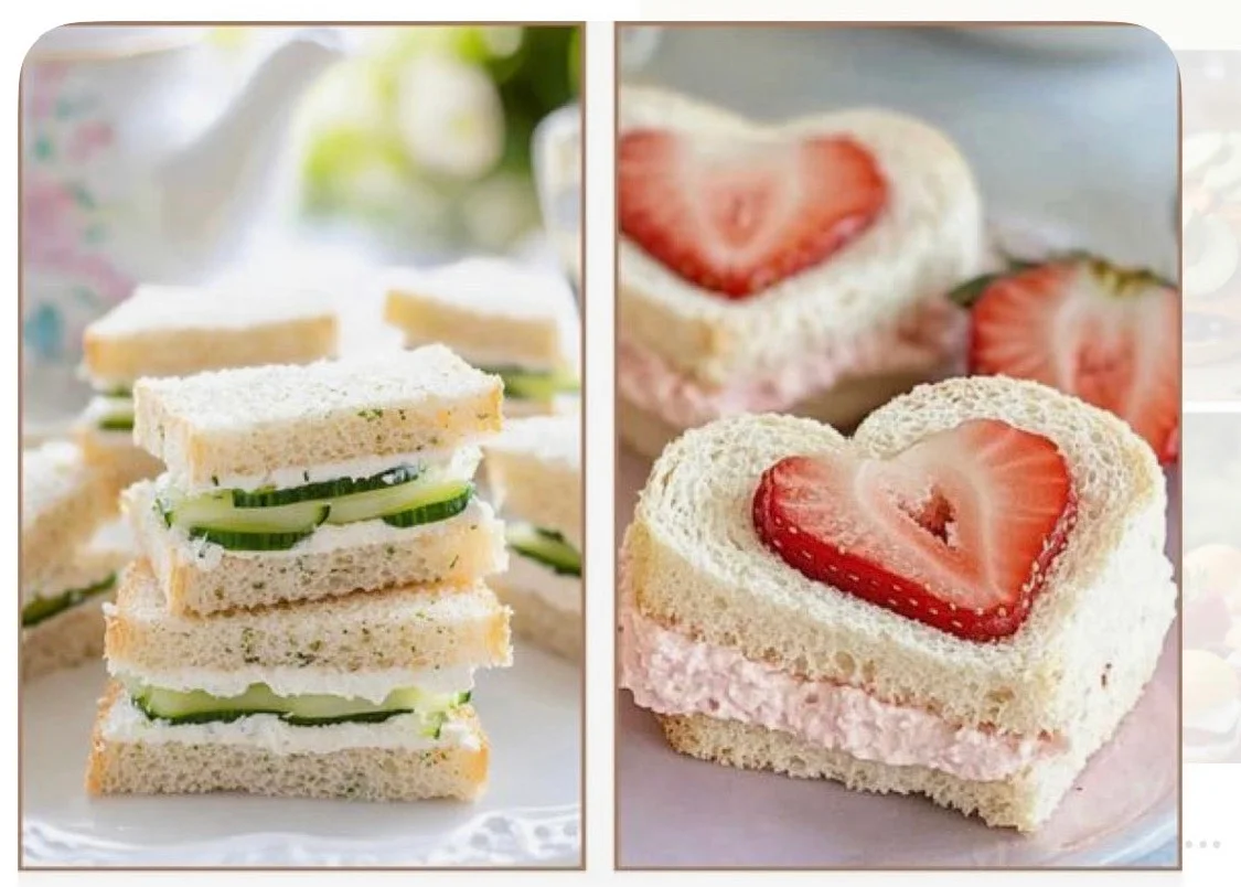 A close-up of two types of cute sandwiches. One is filled with cucumber and cream, and the other with strawberry and a pink filling, both presented in an appealing manner.