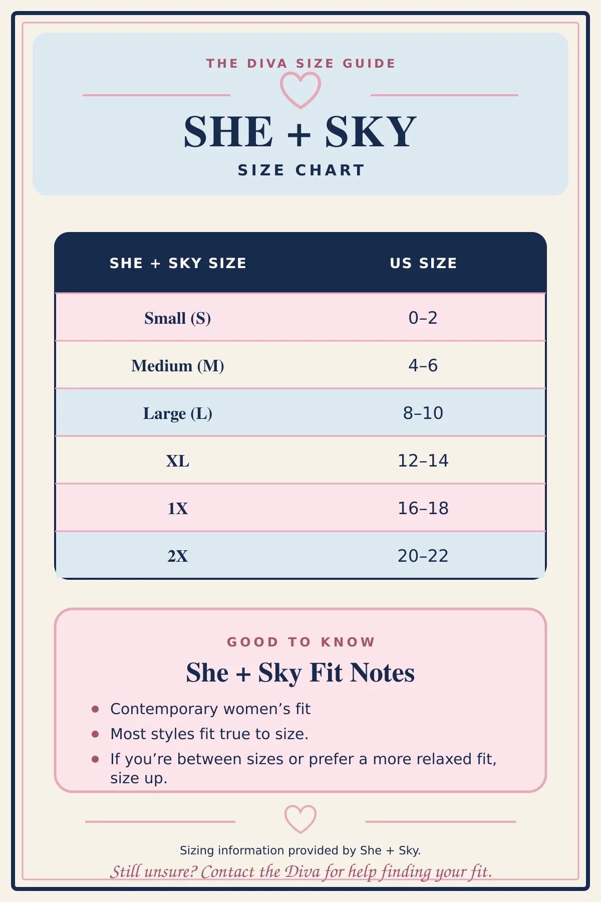 She + Sky women's size chart for contemporary fashion