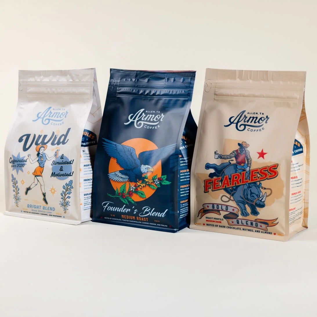 Variety of coffee blends from Armor Coffee in decorative packaging