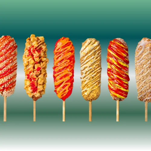 Colorful Korean corn dogs with various toppings
