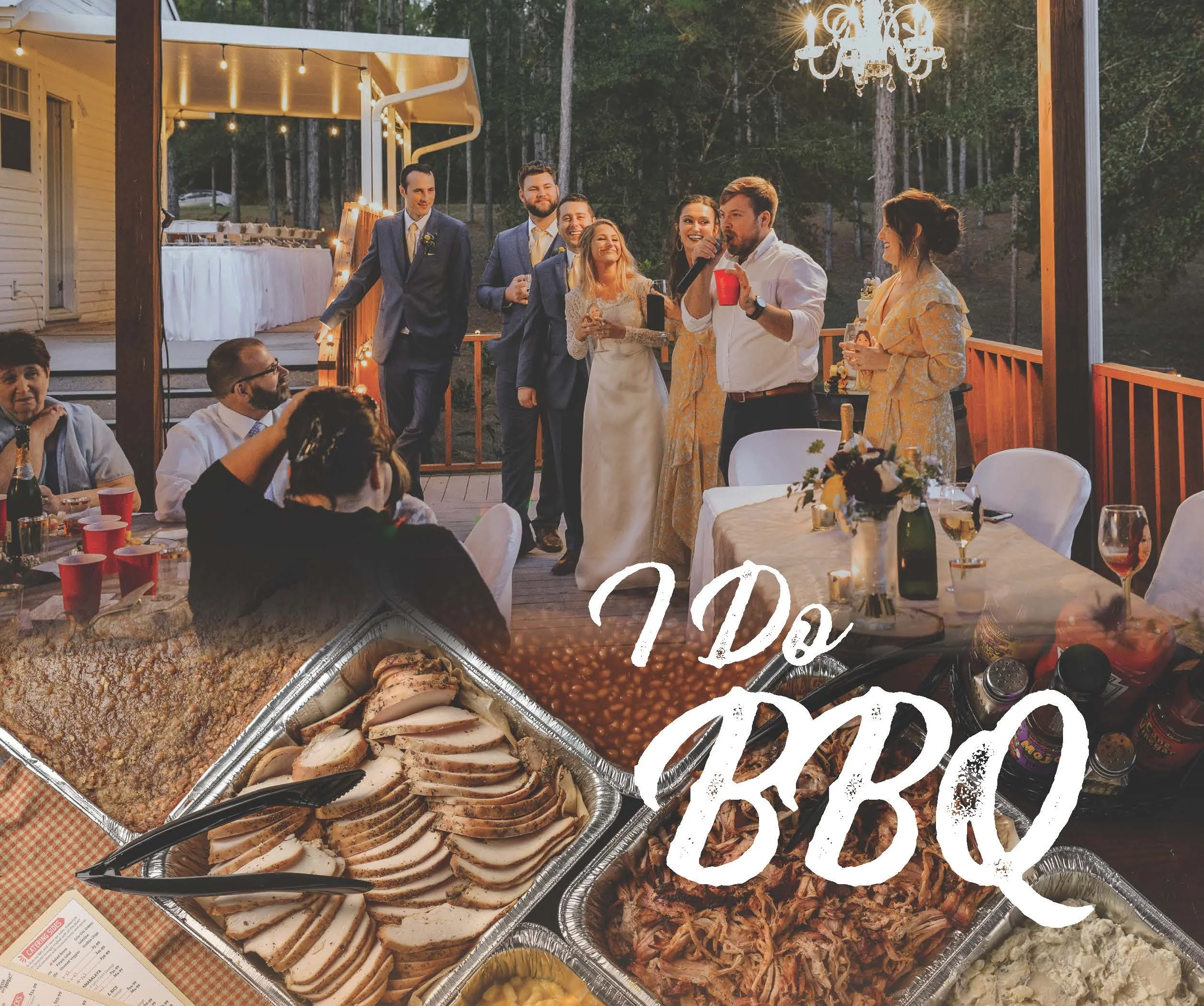 Wedding reception with guests enjoying Cajun BBQ catering, including sliced smoked chicken and pulled pork trays from VooDoo BBQ in Pensacola.