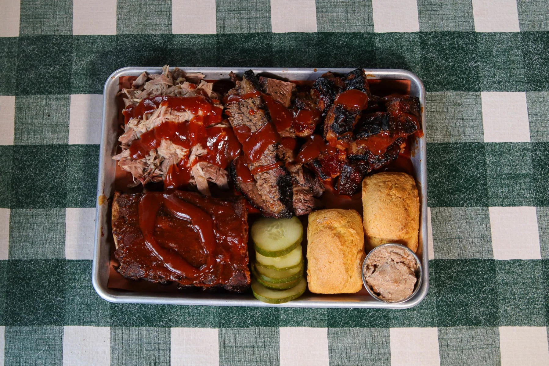 Texas-style barbecue platter with brisket and pulled pork