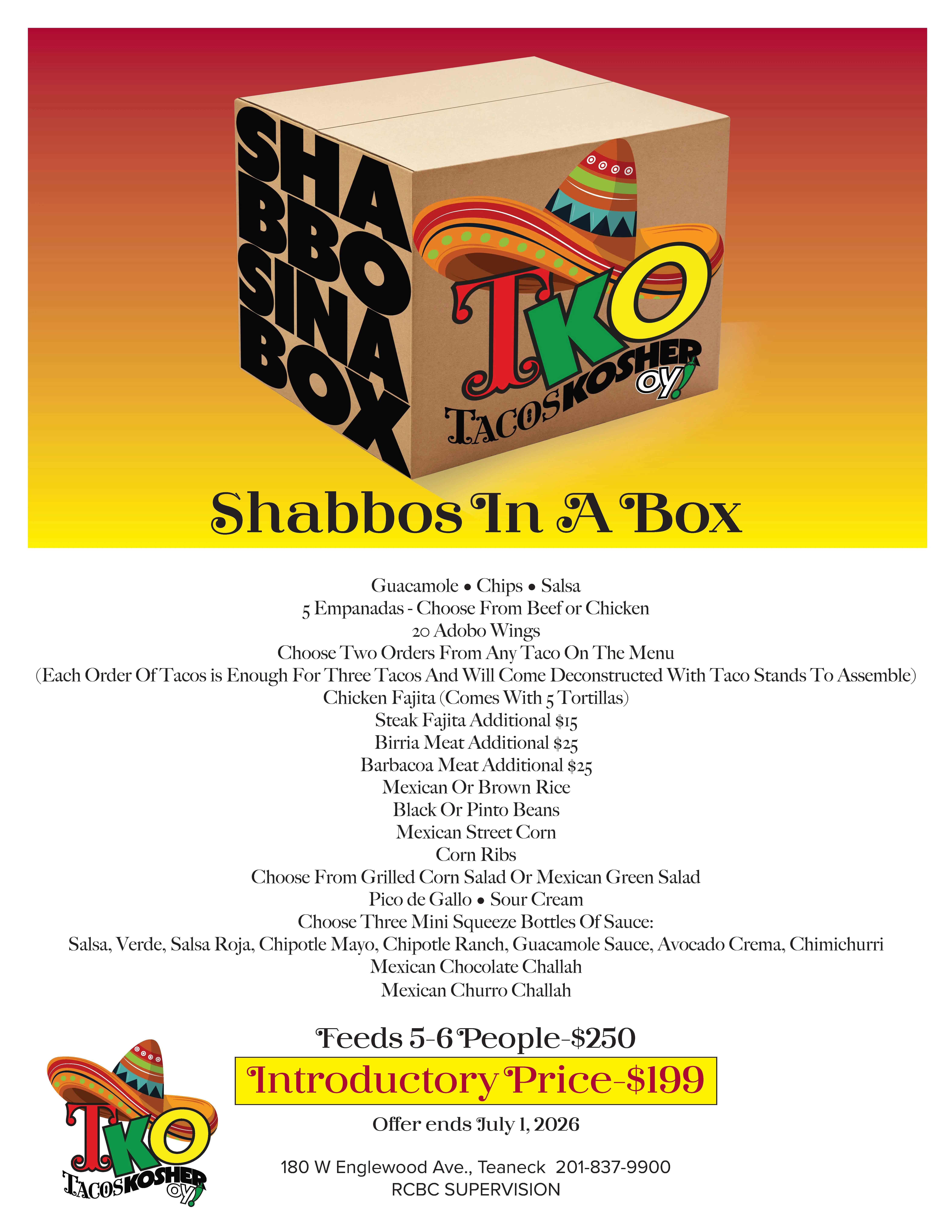 Shabbos taco box featuring assorted Mexican dishes