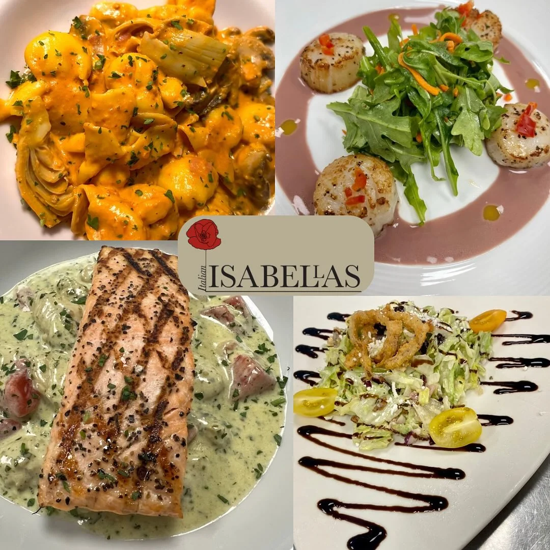 Collage of Italian dishes from Isabellas, featuring tortellini, scallops with arugula, grilled salmon, and a salad with fried calamari and balsamic glaze.